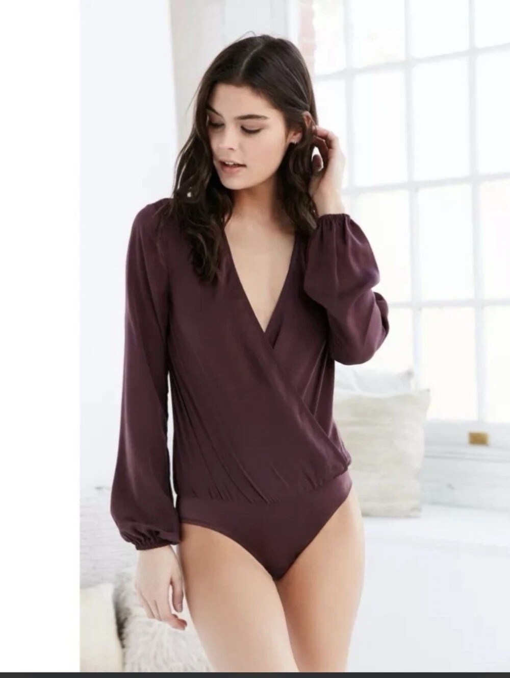 LC Lauren Conrad Deep Plum Faux-Wrap Long Sleeve Bodysuit Size L NWT